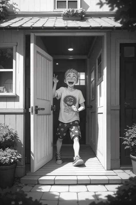 A scared young boy opens the door of a house that doesnt open the lock at night，Black and white print style， Best Quality，Outdoor lighting ， Natural shadow ，Highest detail，Depth of Field， Crazy Details ，complex，Aesthetics