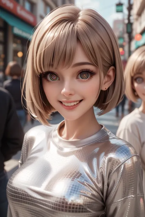 3 girls go shopping together in the city, in extremely tight shiny metallic sweatshirt, bob cut,  light brown hair , smile, Lens reflection, Reflected light, Spiral eyes, 