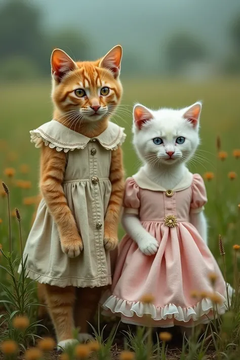 An orange cat dressed in an old dress, lacking brown tones, before a white kitten dressed in a pink dress, a skirt, the latter plastered as a field. A real photo in Thailand