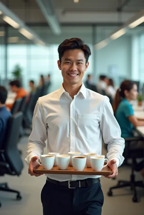 


2. Office Boy Delivering Coffee
"A cheerful office boy holding a tray with coffee cups, smiling while walking in an office space. The background includes employees working at desks and a glass meeting room."


