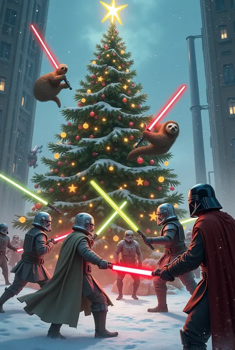 The characters from Star Wars, both good and evil, come together on Christmas Day to fight each other, with a Christmas tree and a sloth in the middle.  