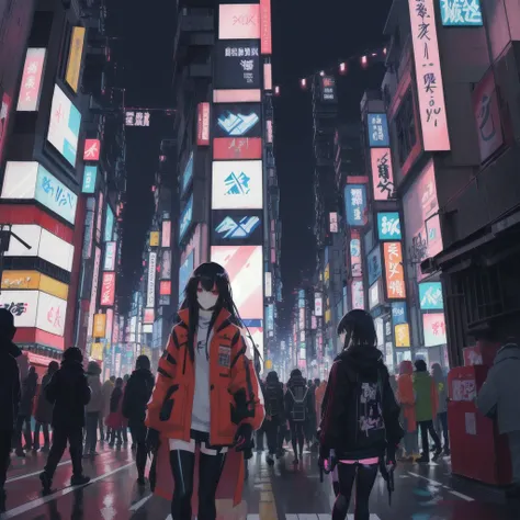 pedestrians walk through a busy city at night in a digital painting, tokyo anime scene, digital cyberpunk anime art, digital cyberpunk - anime art, urban girl fanart, digital anime art, anime cyberpunk art, anime style cityscape, cyberpunk anime art, moder...