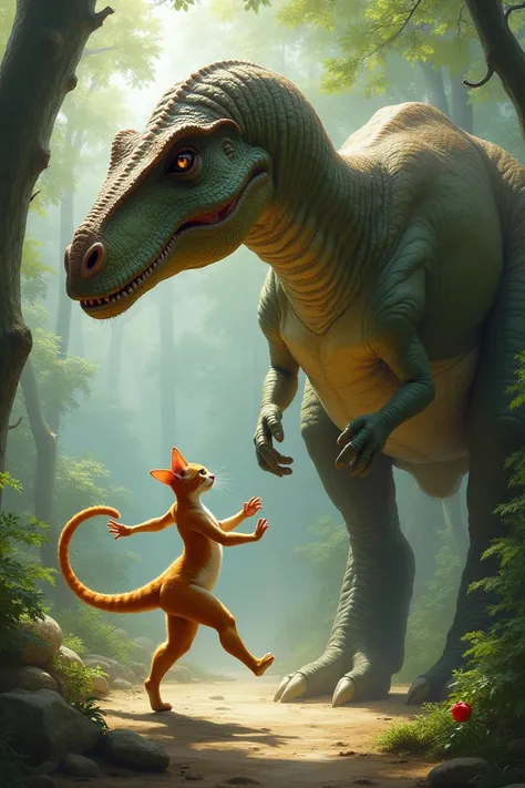 A cat dances in front of a dinosaur