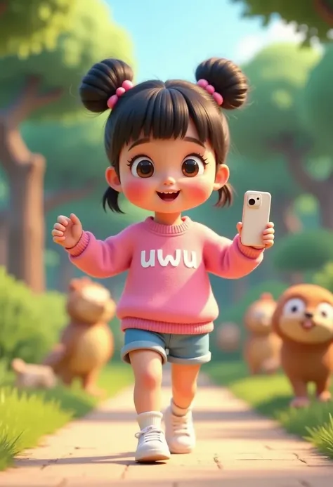 ((front views)) 3D animation with vibrant color palette, a girl, cute and adorable with her hair into two buns on top and bangs, beautiful cute girl, cheeks flushed, wearing a pink sweater with "uwu" printed on the front with white color, blue shorts, she ...