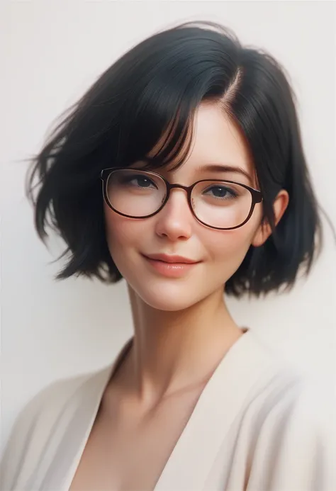 masterpiece,high quality,upper body,standing, 1 woman, black hair, short hair, black eyes,wearing glasses, front view, from the front, looking at viewer, no background, white background, shy smile,

