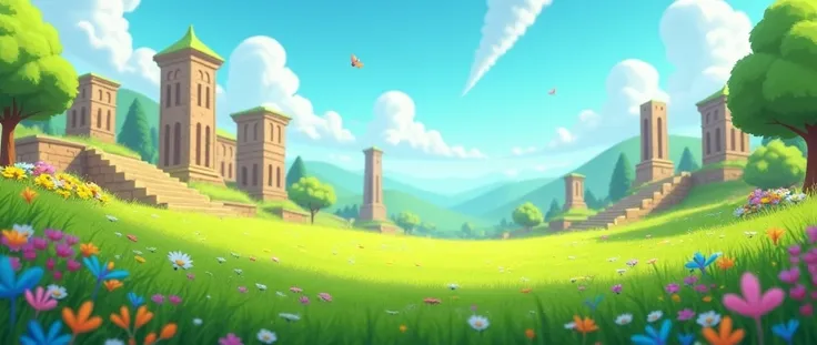  3D animation style game scene background map，front，flat meadow ，Ruins in the distance ，Cartoon
