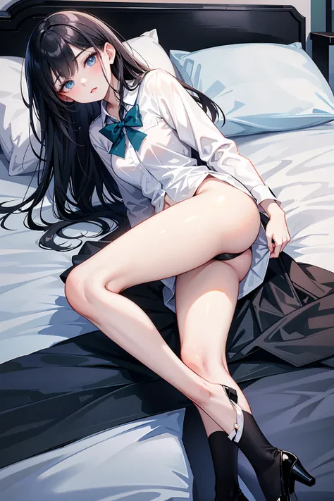  A high school student ， Has long, dark hair ， with warm blue eyes  ， Wearing underwear and black heels ，  pure white collar and bright green bow 。  has long dark hair and warm blue eyes  ， lying in bed， Pose Alluring ， lower body ， spread legs 