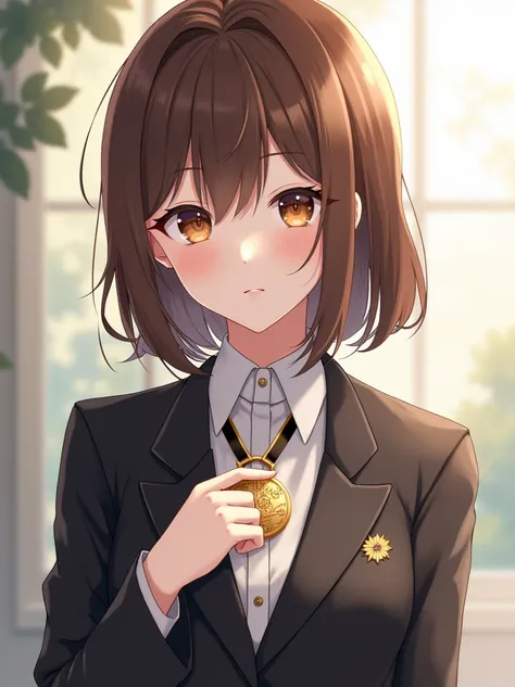 A beautiful brown-haired girl with a dandelion ring, wearing a formal suit,  around her neck hangs a gold medal ,  her eyes are brown and her skin is white as porcelain, Do the anime version or style 