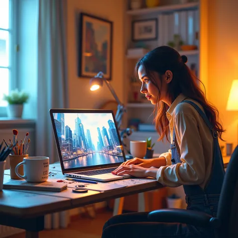 A trendy home office with a laptop glowing on the desk, displaying a jaw-dropping AI-generated image of a futuristic cityscape. Scattered around are paintbrushes, sketchbooks, and a half-empty coffee mug that says, ‘Who needs caffeine when you’ve got AI?’ ...