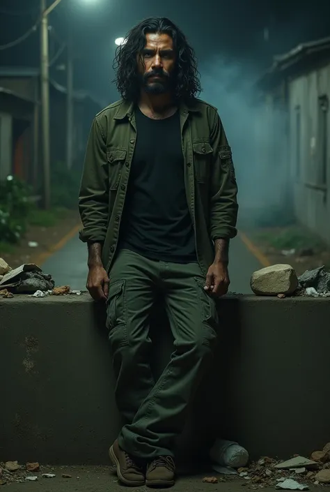    Cinematically realistic image potrait ,Indonesian men  ,30 years,   long curls over shoulders   ,   mustachioed and bearded   ,   criminal face  , wears black t-shirt and dark green army jacket , dull cargo pants ,old butut shoes , asleep leaning agains...