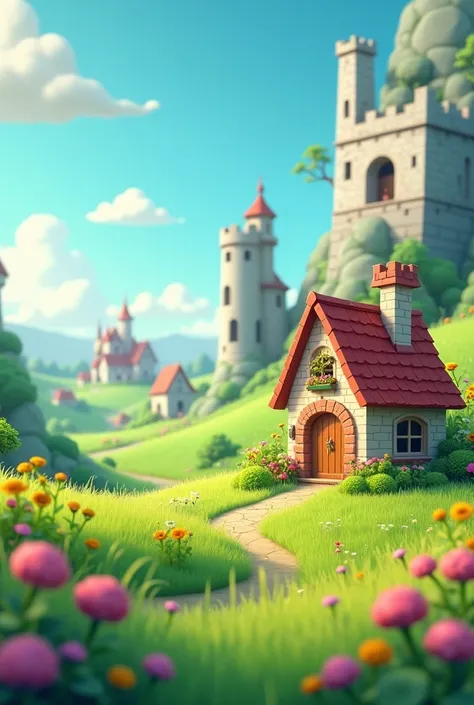 3D cartoon style background，front，Meadows nearby ， There is a ruined village in the distance，cartoon house
