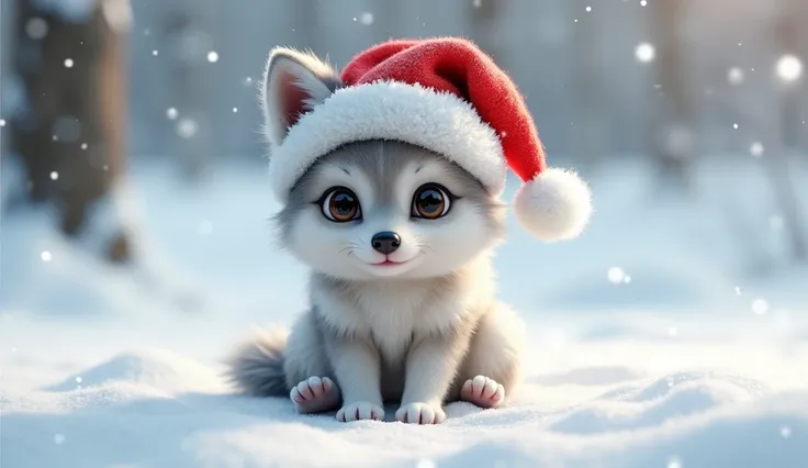 extremely cute little tiny baby wolf siting in snow wear Christmas hat 