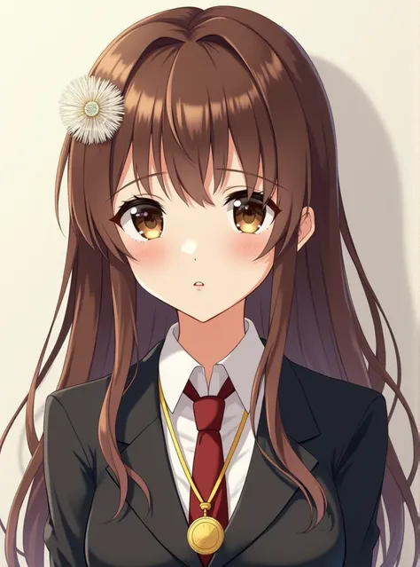 A beautiful brown-haired girl with a dandelion ring in her hair, wearing a formal suit,  around her neck hangs a gold medal ,  her eyes are brown and her skin is white as porcelain, Do the anime version or style 