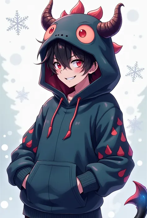 A stylized anime-style male character wearing a hoodie designed as a monster, seamlessly blending the hood with the character’s head to create the appearance of transformation. The hoodie features a rounded monster head with wide, vibrant eyes and playful,...