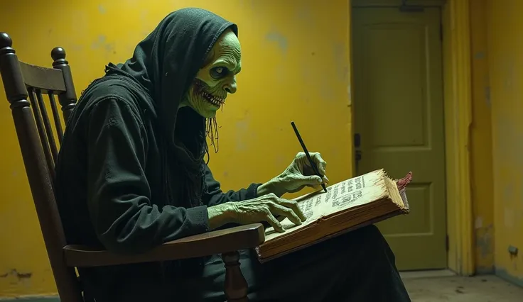 Horrible old phosphorescent woman reading a spellbook in a rocking chair in the middle of an empty room with a yellow wall and ceiling with an uncomfortable atmosphere