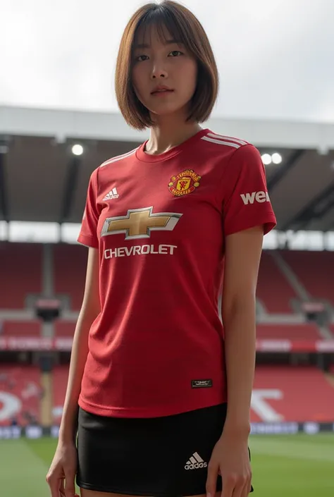 24 year old beautiful Korea woman wearing Manchester United jersey 2024, black mini skirt, slim figure, short straight hair on shoulders, standing in Manchester United stadium, portrait, (best quality,4k,8k,highres,masterpiece:1.2),ultra-detailed,(realisti...