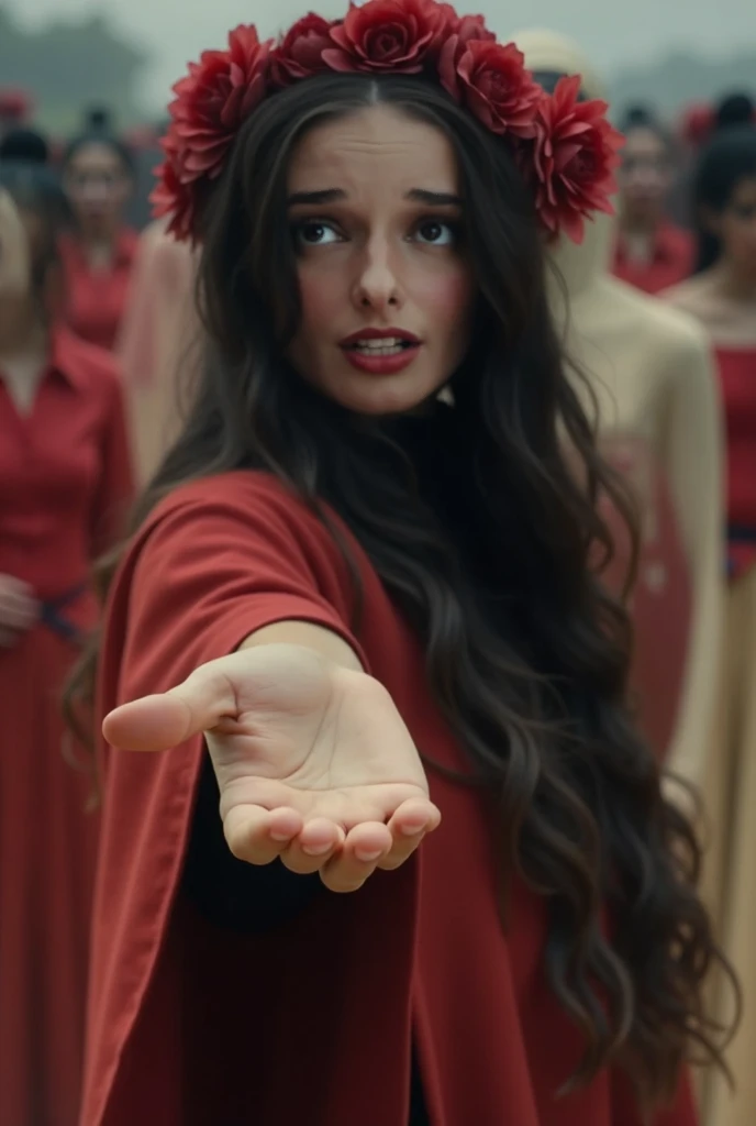 Woman with a transparent black veil on her slightly blurred face ,  in the focused foreground with her hand extended forward as if inviting someone , crown of red flowers on the head, red cape,  in the background blurred men and women looking with fear wea...