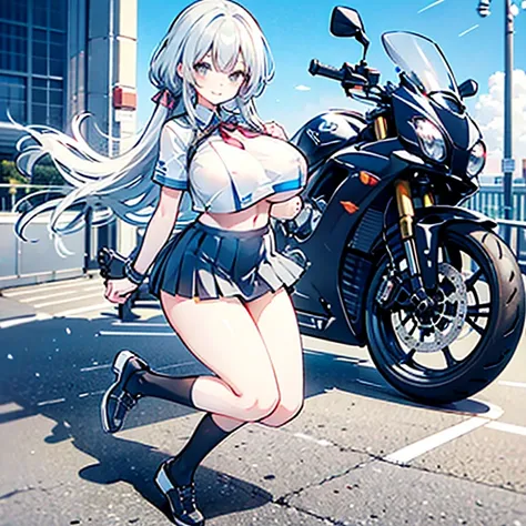 masterpiece,Best Quality,One, (((wearing mini skirt))), girl,Chibi,motorcycle,Jump, (frown:0.9),smile,speed,Motion Lines,helmet, mini skirt、A silly smile、(((big breast:1.5)))