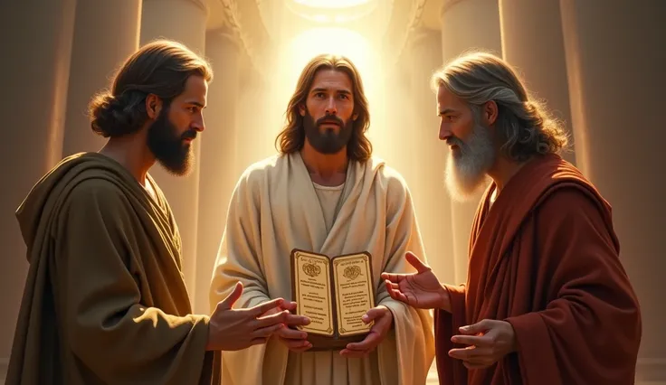 Jesus with Moses holding the ten comments and Elijah standing together talking