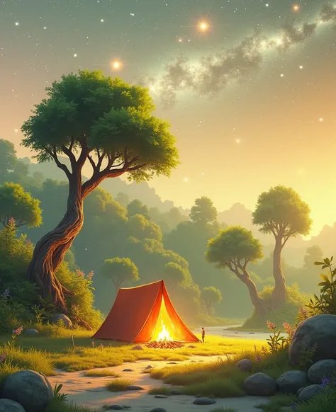 landscape, summer, night, forest, campfire in one place, unmanned, nobody, starry sky, HD detail, ultra detail, film, hyper realism, soft light, deep focus bokeh, ray tracing, hyper realism. , Art Station pixiv Gwise, Makoto Shinkai, Art Germ