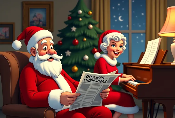 (TV show, ALL IN THE FAMILY) Archie is in his favorite recliner in a Santa beard and cap reading the naughty and nice paper. Edith is playing the piano in a Mrs. Claus outfit.
