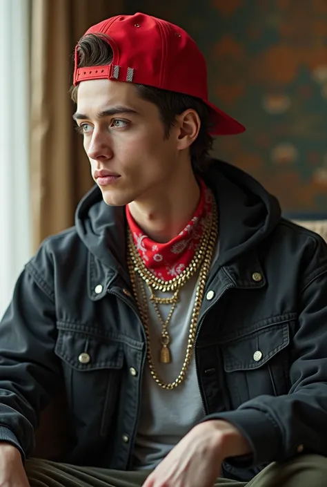 A tall, thin 22-year-old man, 1.80m in height, wearing a red hat turned backwards, sitting on a chair. He has a style reminiscent of Pete Davidson, Marshall Mathers, and Tony Sandoval, incorporating Seb McKinnon and Tony Sandovals artistic influences. The ...