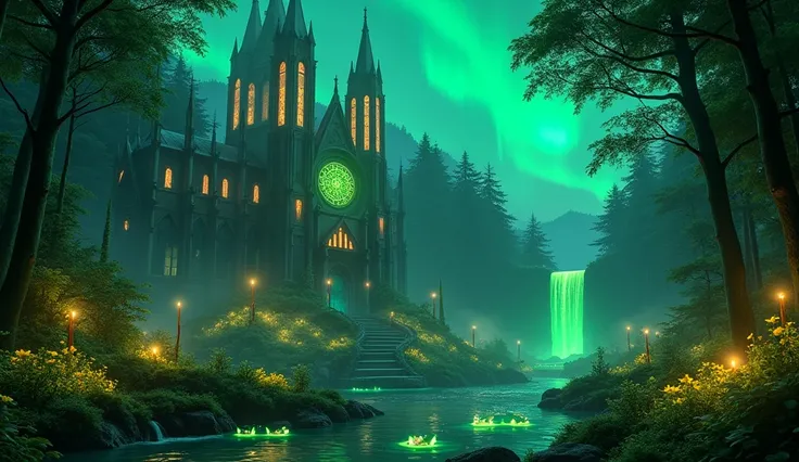 In the background a Gothic cathedral ,  the cathedrals towers end in a peak with spheres of light energy in their towers,  3 yellow roses ,  at night,  7 green water lilies fluorescent above the water ,  at night,  7 large candles of yellow light ,  in a f...