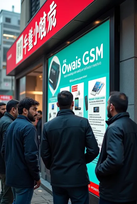 A bill bored on mobil screens store with the name of Owais GSM on china street 
People checking mobile screens on store
Only men