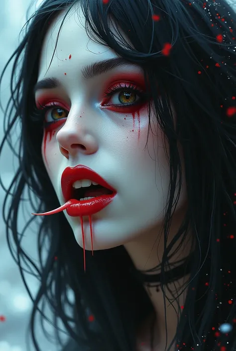  concept art of a female vampire ,  female vampire with her mouth Two long vampire fangs stick out of her teeth,  with red lipstick and icy white skin with vampire makeup , with vampire fangs ,  teeth and reflective vampire eyes in 800 BC  ,  digital drawi...