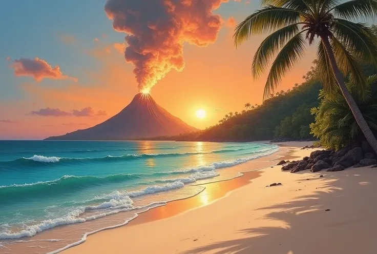 Accurate, Anatomically Correct, Best Quality, High Quality, painting,  Envision a private beach on a tropical island, where the sunset casts a warm glow over the clear water. Waves rhythmically lap at the sand, and in the distance, a volcano erupts, provid...