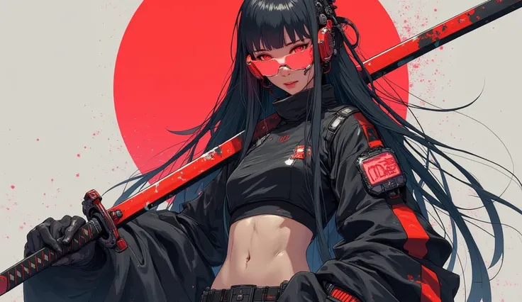 a cyberpunk girl with long hair and wearing digital red glasses and black croped top kimono with cyberweres and armors, She is holding a red cyber katana in her hand, the camera angle is slightly from bellow, 