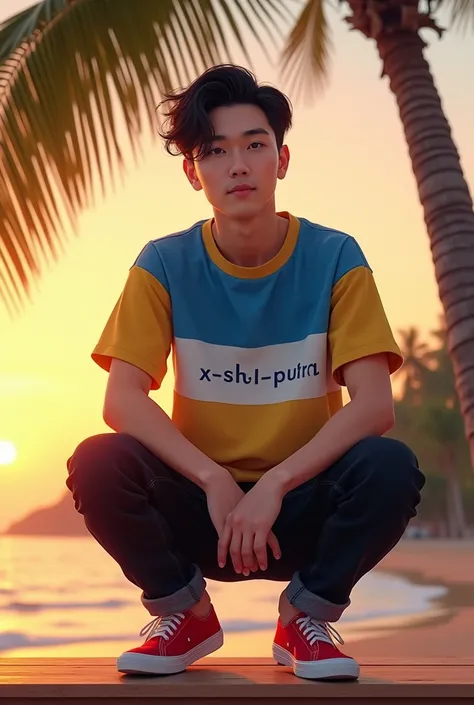 Handsome Korean guy 25 years old short sleeky style wearing a thick blue white yellow t-shirt there is a word "x-shal-putra  "  wearing black jeans and red paint shoes squatting on a table with a moderate smile at the beach suana in the afternoon there is ...