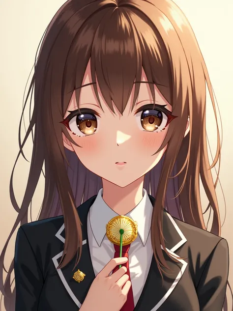 A beautiful brown-haired girl with a dandelion ring, wearing a formal suit,  around her neck hangs a gold medal ,  her eyes are brown and her skin is white as porcelain, Do the anime version or style 