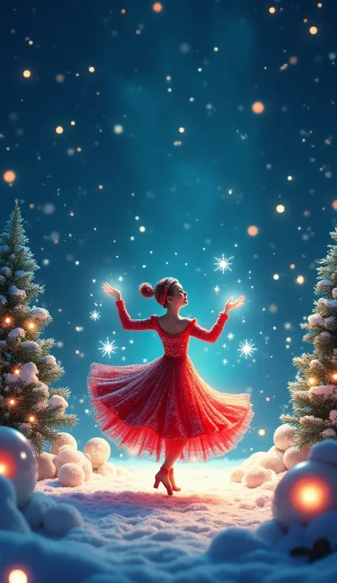 A magical Christmas night scene with a deep blue sky filled with shimmering black stars. In the foreground, a festive dancer moves gracefully to a joyful holiday rhythm, their red and green attire glowing softly. Snowflakes fall gently around, catching the...