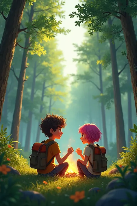 Man with curly hair and small eyes together with woman with short pink hair camping in the woods