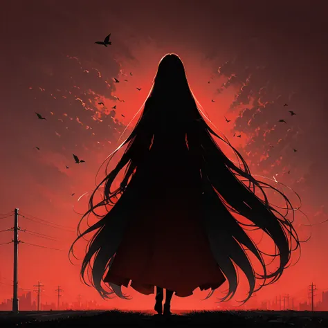 (in style of Ashley Wood:1.3),(in style of Takeshi Obata:0.9),
black and white urban skyline background,protruding utility poles,(a red silhouette of a young girl:1.6),minimalist silhouette,red silhouette,black and white background,wide_shot,silhouette of ...