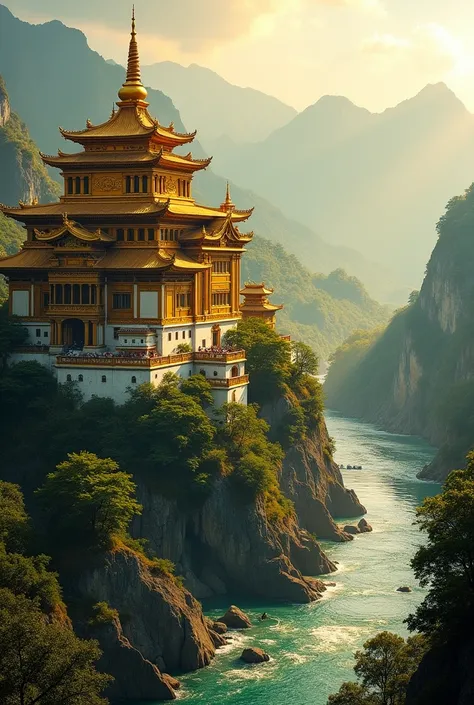 (Close-up of a better masterpiece:1.5) (Ancient golden palace:1.2) (Grand architecture:1.3) (Golden sunlight casting long shadows:1.2) (Lush green mountains:1.1) (Flowing river with shimmering reflections:1.0) (Early morning mist in the background:1.0) (Vi...