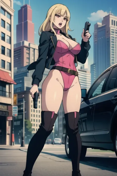 Selene, ftselenecas, long hair, blonde hair, pink eyes, mature female, large breasts, 1girl, belt, blonde hair, boots, breasts, building, car, city, cityscape, cleavage, gun, handgun, holding, holding gun, holding weapon, jacket, large breasts, leotard, op...