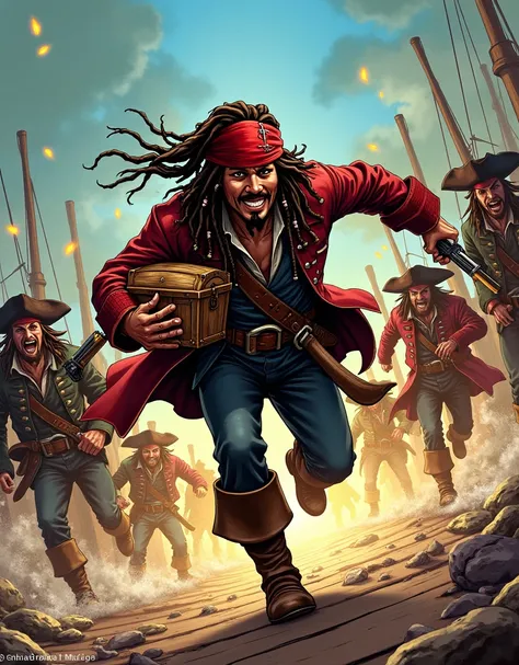 "A vibrant comic book illustration of Jack Sparrow in a daring escape, running with a treasure chest in one hand and his pistol in the other. The background shows angry pirates chasing him, with exaggerated motion lines and bold colors.",JACK SPARROW,Comic...