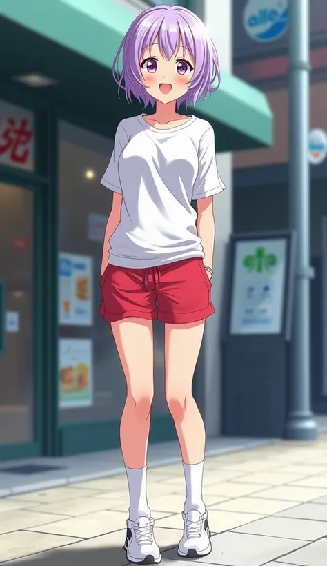 masterpiece,  top quality,  high definition ,  very detailed,((( pretty girl with iridescent hair ))), ((( Japanese anime ))), ((( short hair))), (((Standing on the sidewalk in white workout clothes ))), ((( red bulma ))), ((( white high socks ))), (((Outd...