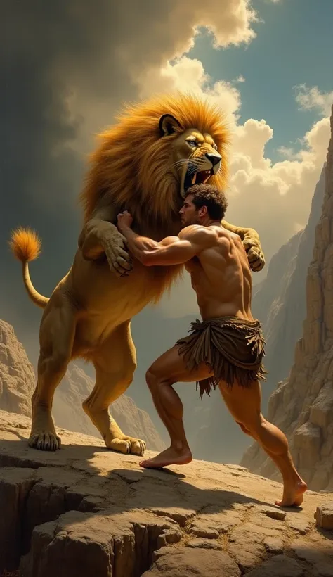 "A heroic depiction of Hercules fighting the Nemean Lion, in a dramatic Renaissance painting style. The lion, with an imposing golden mane, radiates an almost supernatural glow, and its impenetrable hide reflects the sunlight. The background shows a rocky ...