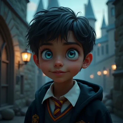 student at Hogwarts, , Dark Brown skin, Black hair, Blue Aquamarine eyes, young boy, realistic, 4k, magic, hes wearing a Hogwarts uniform