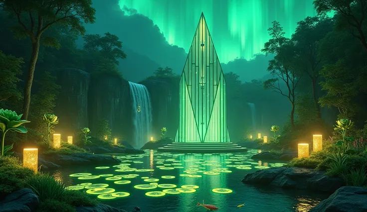 fantasy glass building with peaked towers gathering light energy,  3 yellow roses ,  at night,  7 green water lilies fluorescent above the water ,  at night,  7 large candles of yellow light ,  in a forest ,  in the background a small green waterfall,  at ...