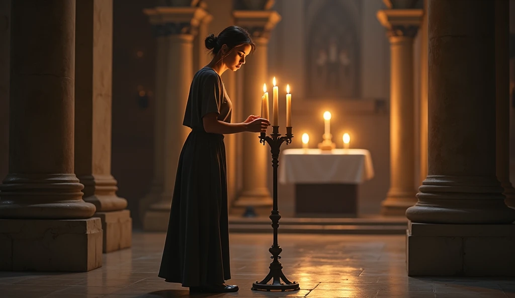 The woman is standing near a tall candlestick, gently adjusting or lighting one of the candles. Her body is slightly angled toward the camera, with her face in profile, focused intently on the task.

Lighting:
The candlelight reflects warmly on her face an...