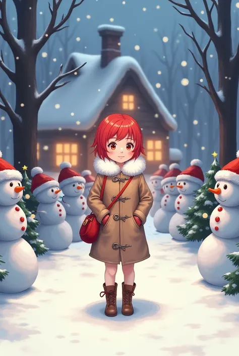 This image contains、 a snowy winter landscape is depicted 。At the center、 a girl with red hair standing 、 shes green Im wearing winter clothes with a white fur collar on my coat。 The girls coat has Christmas ornaments 、 She has a small red bag 。

In the ba...