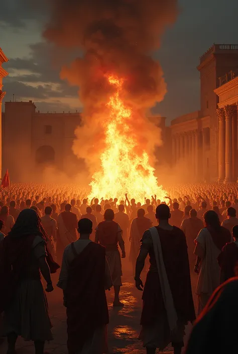 Generate image of angry mobs standing beside a big fire in the year 249AD