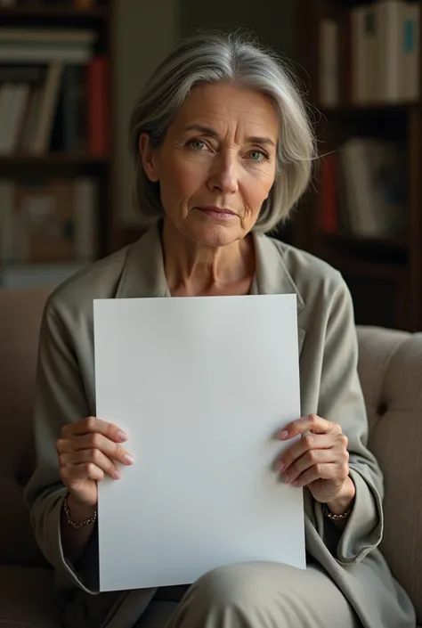 A lady sitting and holding a blank paper, something looking real 