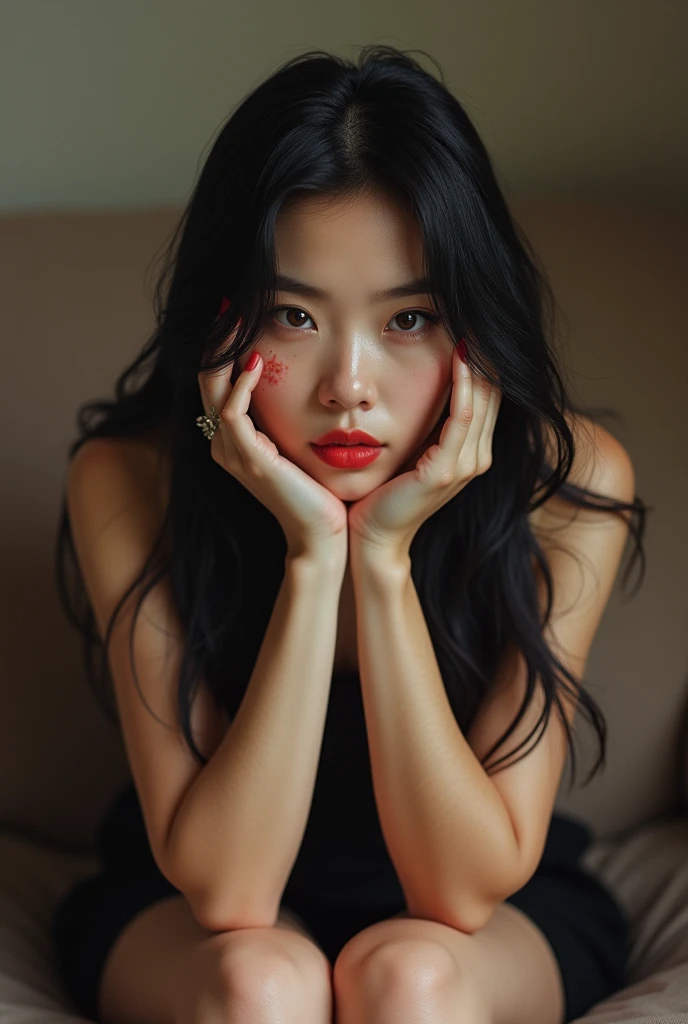 Portrait of a young woman 18years old, Asian, small frickels, dark brown eyes, long black straight hair, a lil mark under her right eye, plump red lips, brat attitude, sitting on a couch, legs cross, face on hands 