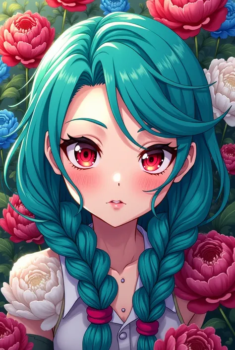 Jinx de Arcane long turquoise braided hair, Ojos rojos,  anime style, on a background of red, white and blue piony flowers 