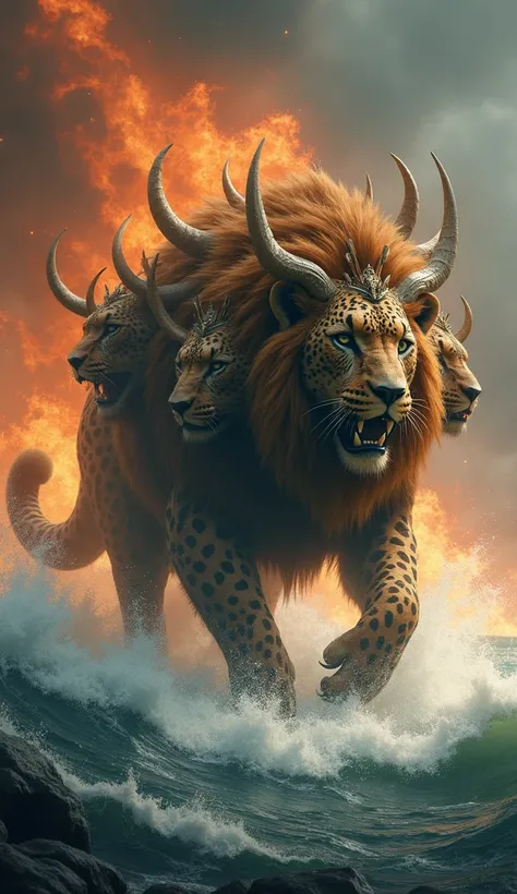 a leopard, has seven heads, ten horns, and on top of his horns a crown, legs like a bear, and a mouth like a lion, walk in the sea fire, fantasy setting, 8k, uhd, masterpiece, detailed